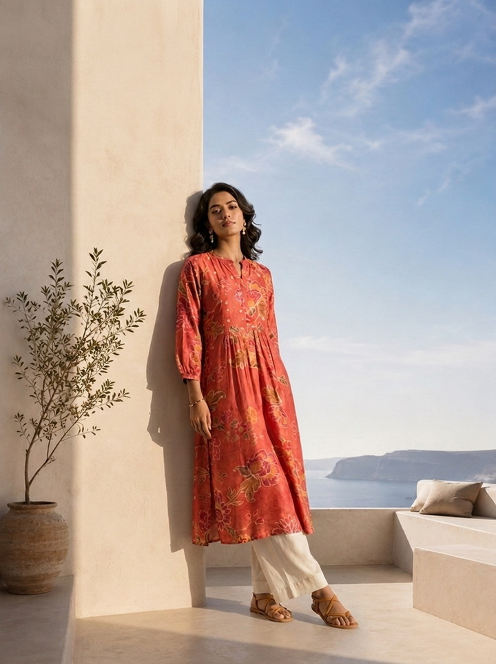 Rust Hand Embroidered And Pleated Design Muslin Fabric Kurta