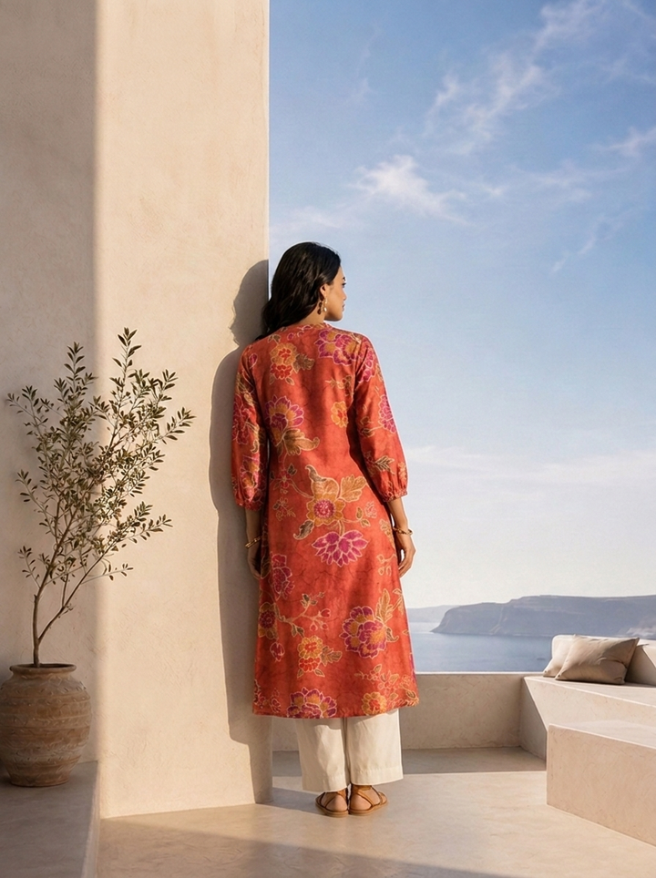 Rust Hand Embroidered And Pleated Design Muslin Fabric Kurta