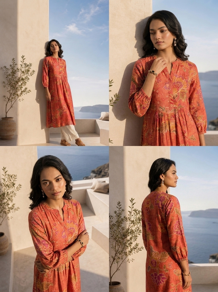 Rust Hand Embroidered And Pleated Design Muslin Fabric Kurta