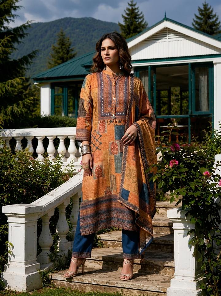 Orange Crepe Patch Printed Three Piece Set