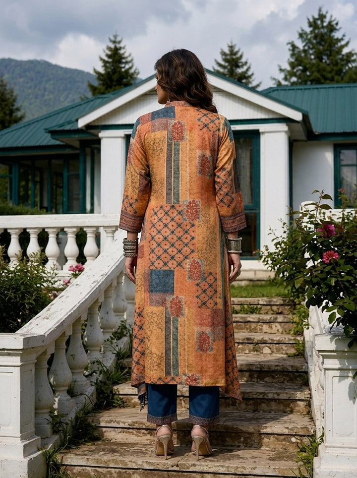 Orange Crepe Patch Printed Three Piece Set