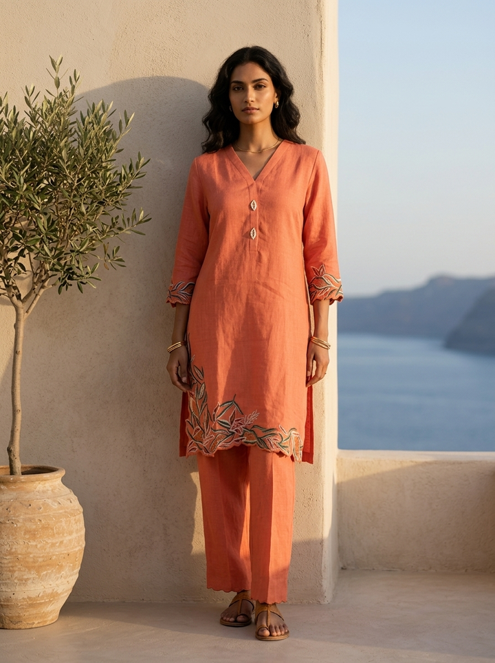 Burnt Orange Solid Design And Hand Thread Embroidery Two Piece Set