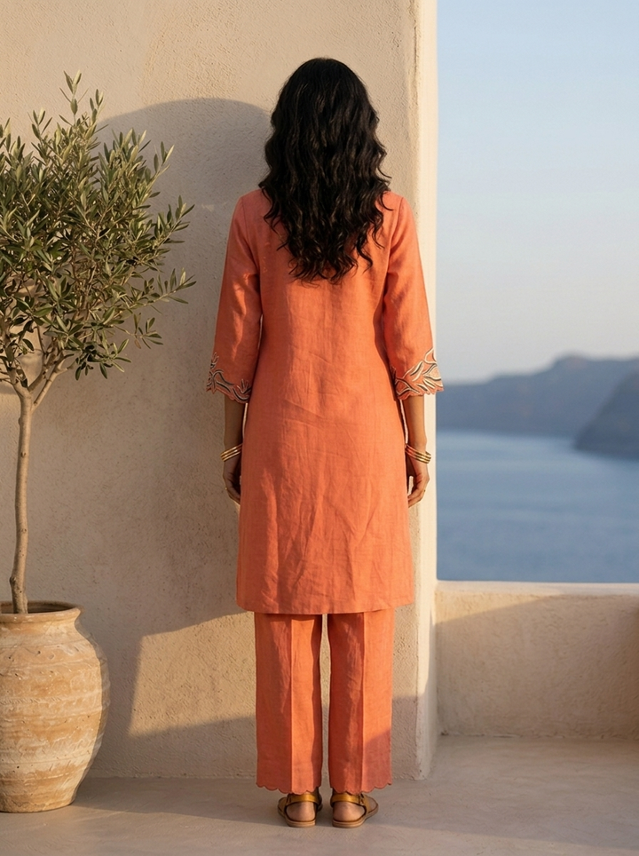 Burnt Orange Solid Design And Hand Thread Embroidery Two Piece Set