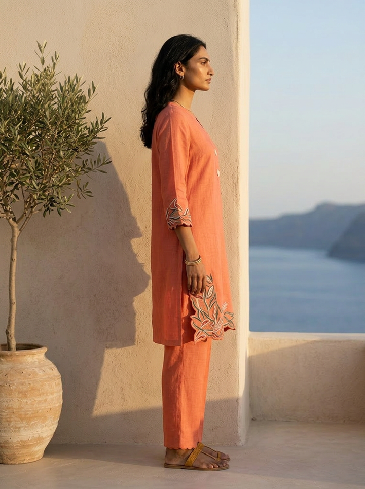 Burnt Orange Solid Design And Hand Thread Embroidery Two Piece Set