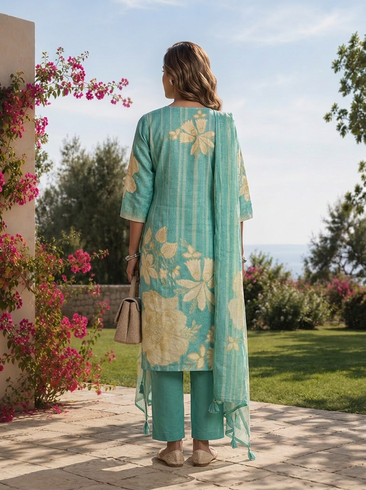 Sea Green Hand Embroidered And Floral Digital Printed Linen Three Piece Set