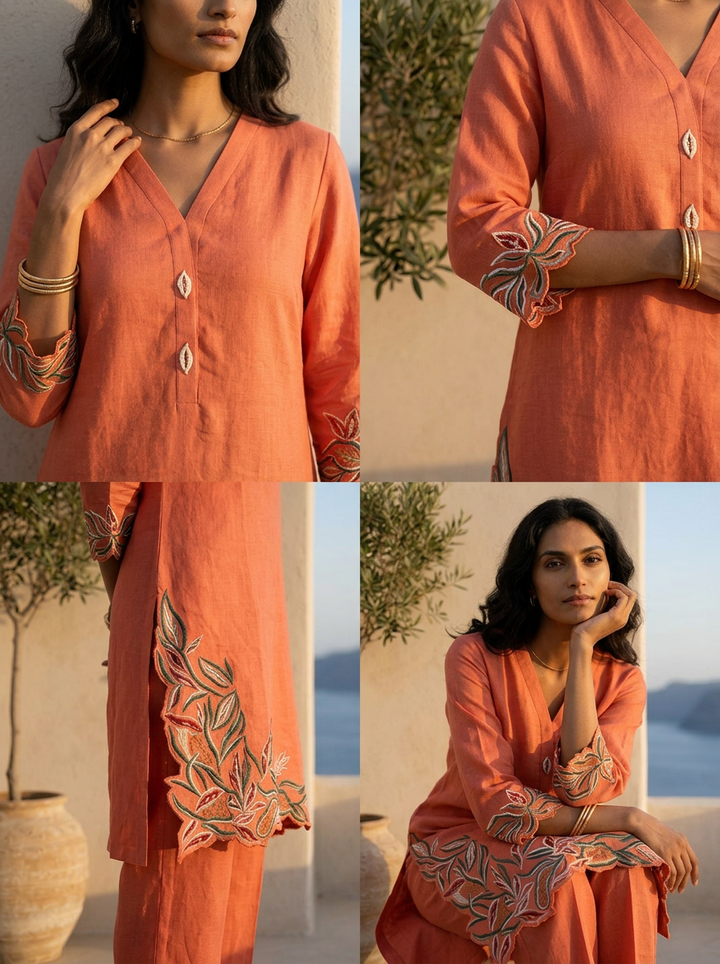 Burnt Orange Solid Design And Hand Thread Embroidery Two Piece Set