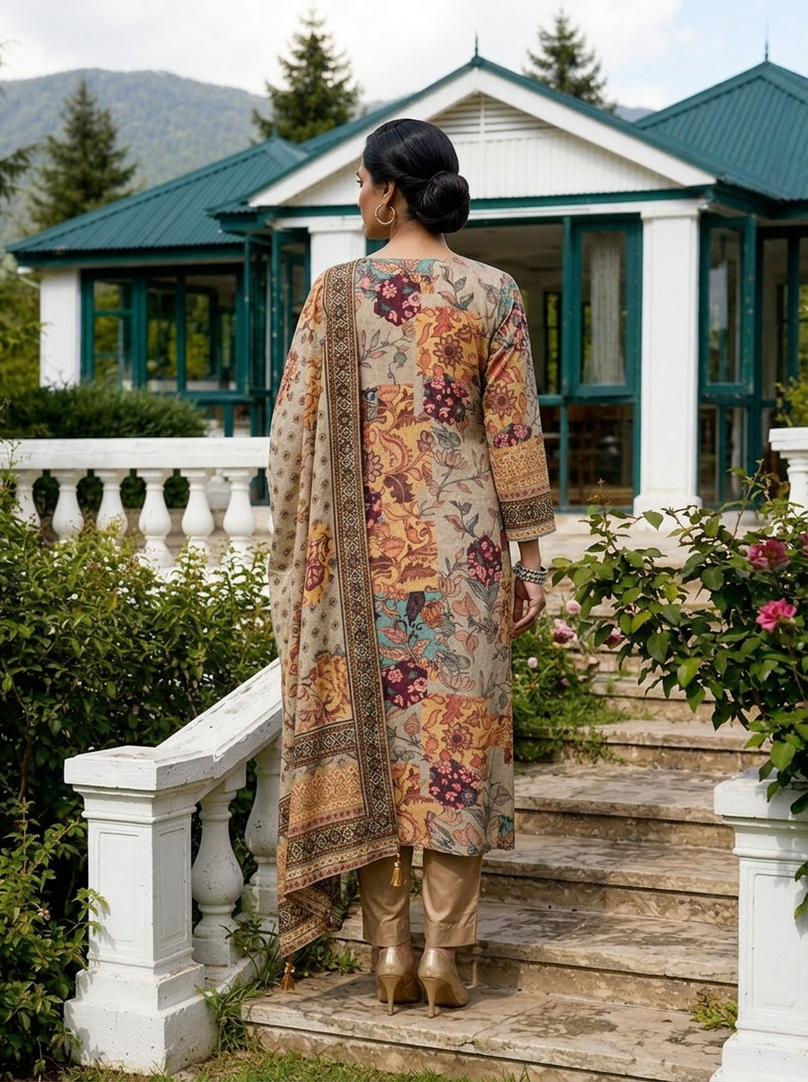 Grey Muslin Floral Printed Three Piece Set