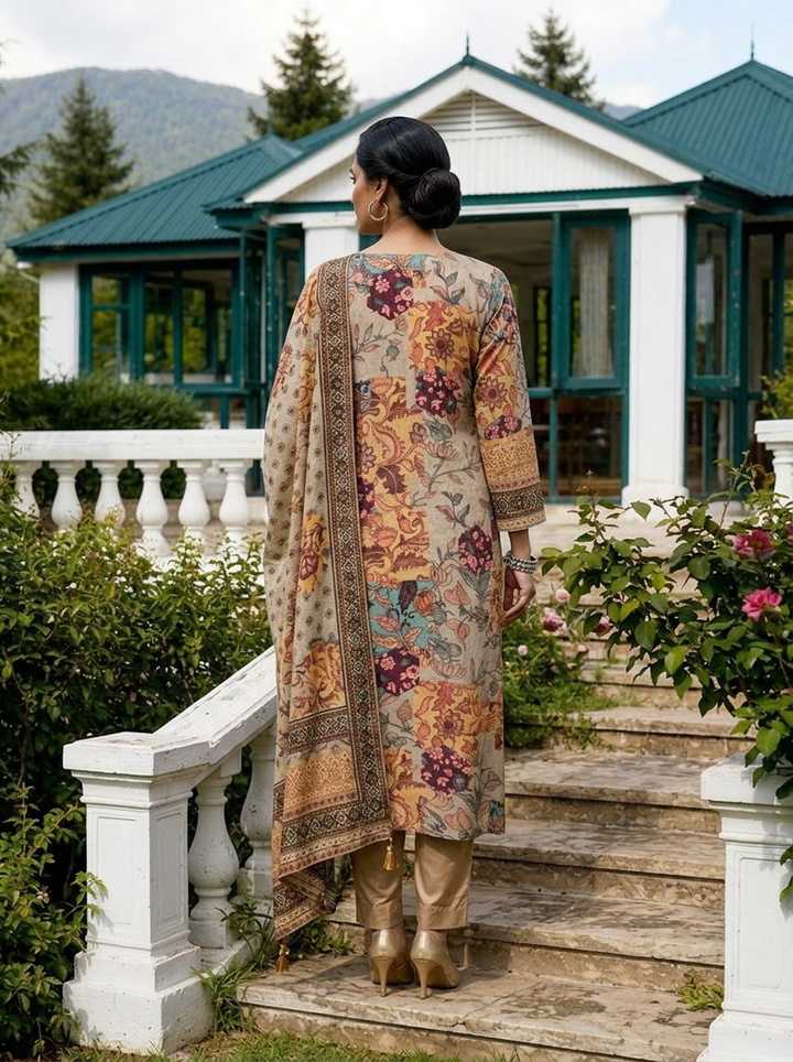 Grey Muslin Floral Printed Three Piece Set