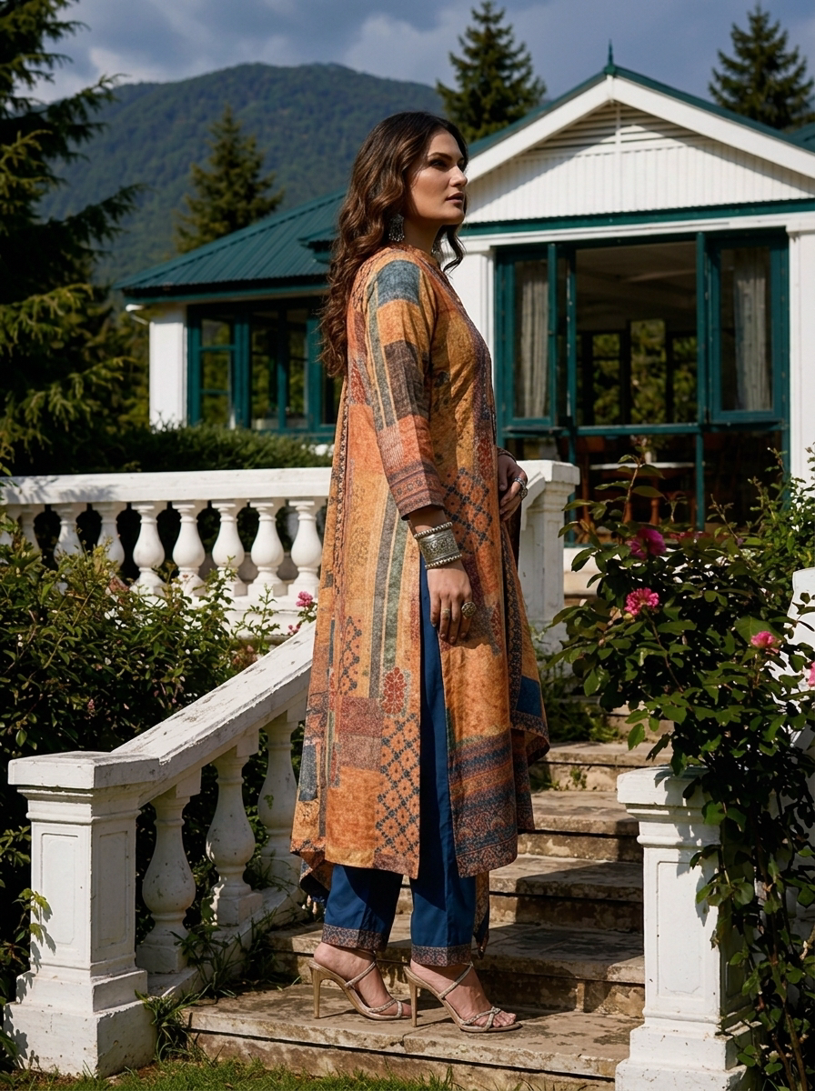 Orange Crepe Patch Printed Three Piece Set