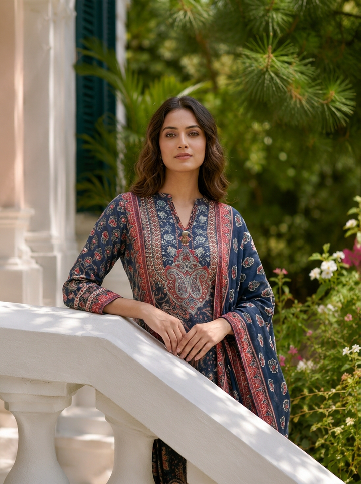 Navy Blue Muslin Floral Printed Three Piece Set