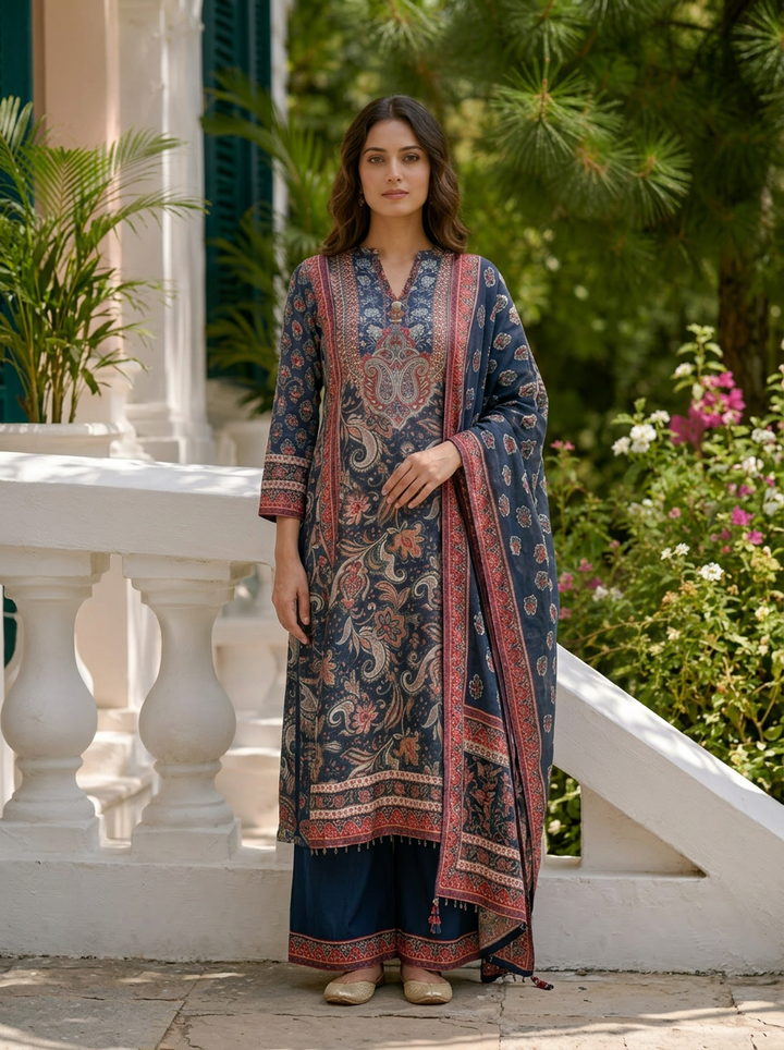 Navy Blue Muslin Floral Printed Three Piece Set