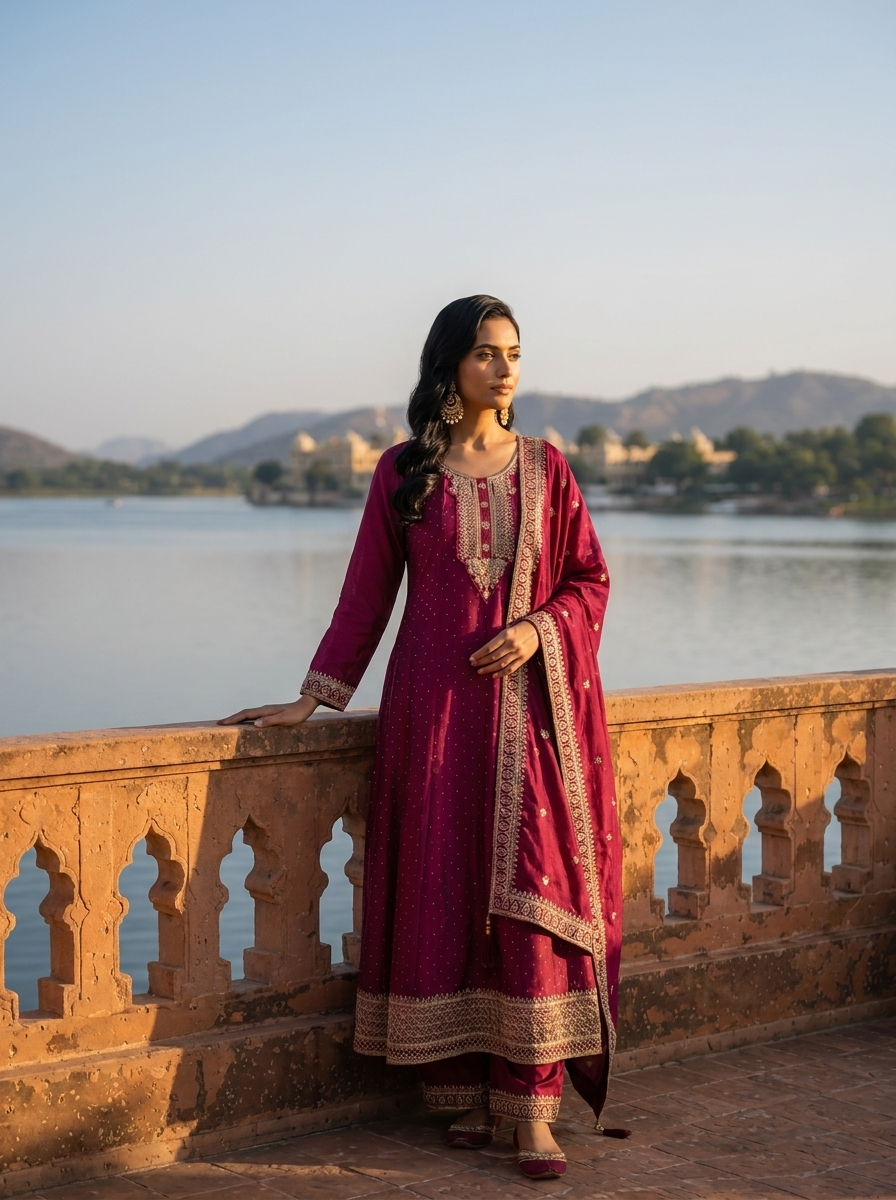Wine Vichitra Silk Scalloped Zari Embroidery Three Piece Set