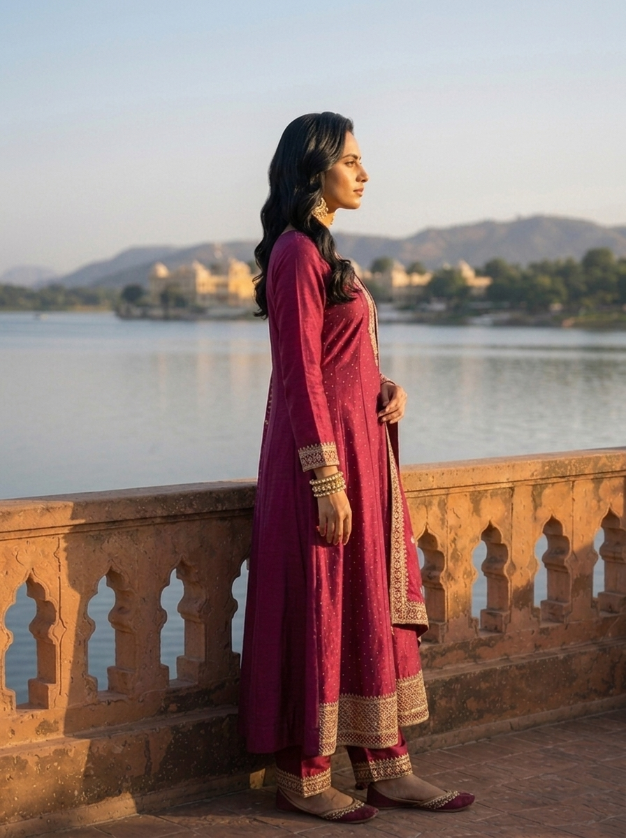 Wine Vichitra Silk Scalloped Zari Embroidery Three Piece Set