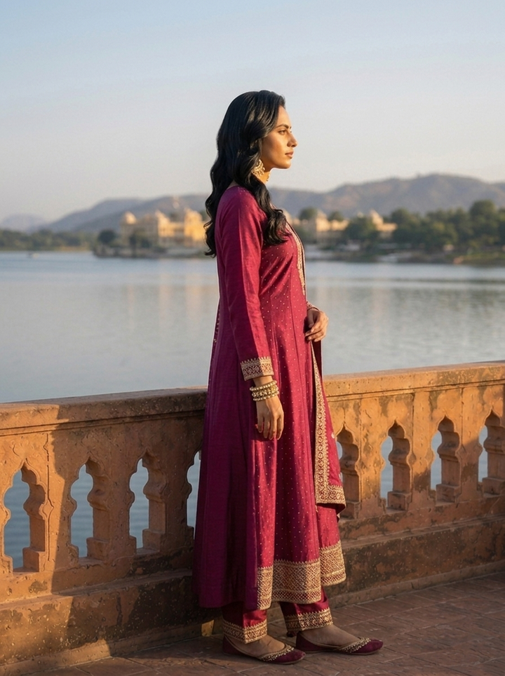 Wine Vichitra Silk Scalloped Zari Embroidery Three Piece Set