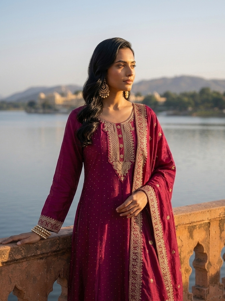 Wine Vichitra Silk Scalloped Zari Embroidery Three Piece Set