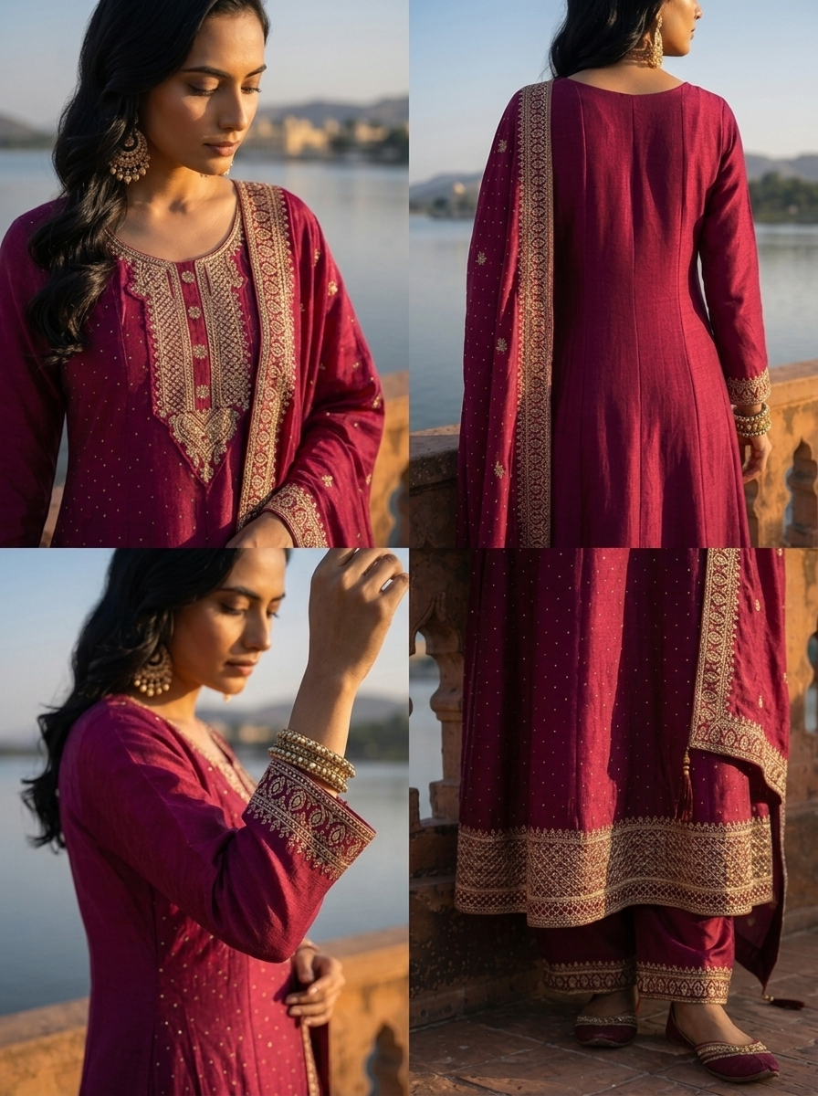 Wine Vichitra Silk Scalloped Zari Embroidery Three Piece Set