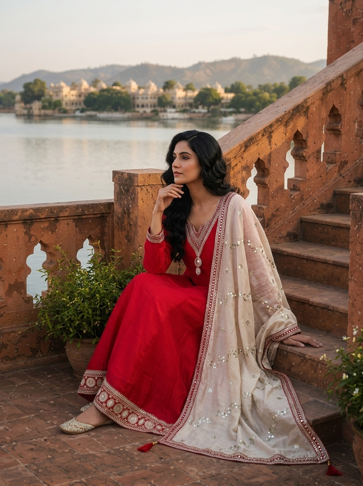 Maroon Vichitra Silk Geometric Zari Embroidery Three Piece Set