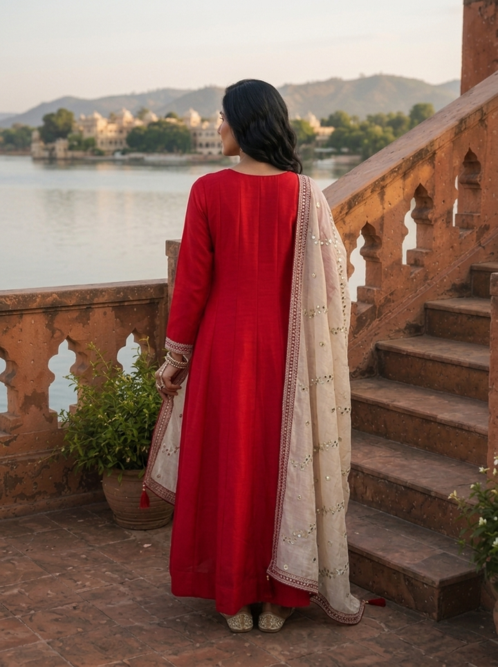 Maroon Vichitra Silk Geometric Zari Embroidery Three Piece Set