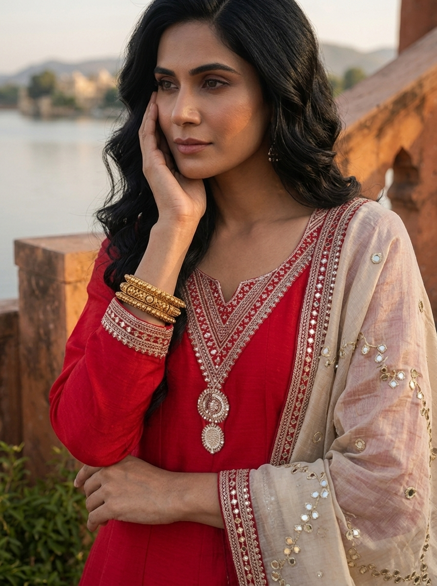 Maroon Vichitra Silk Geometric Zari Embroidery Three Piece Set
