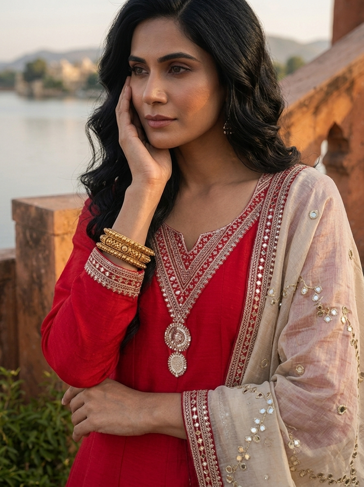 Maroon Vichitra Silk Geometric Zari Embroidery Three Piece Set