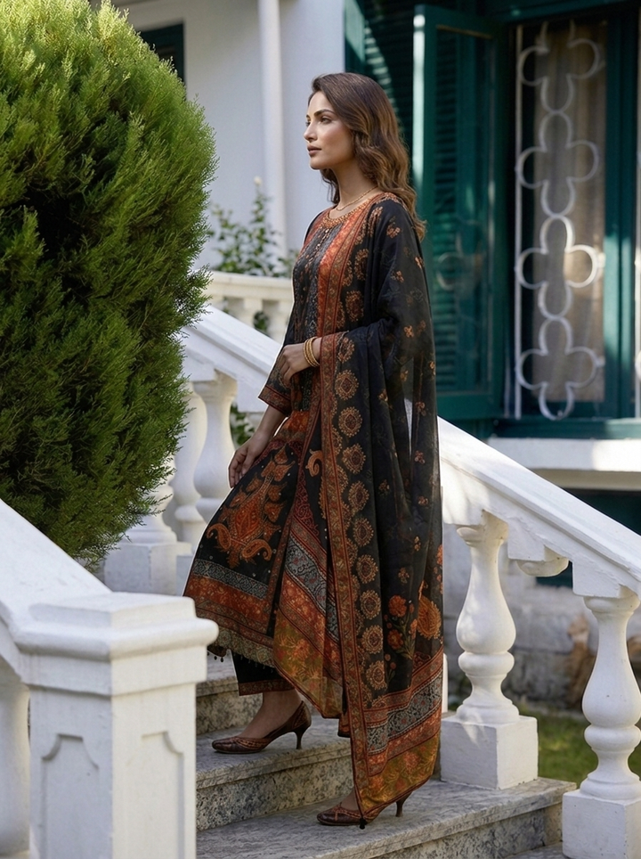 Black Georgette Ethnic Motif  Printed Three Piece Set