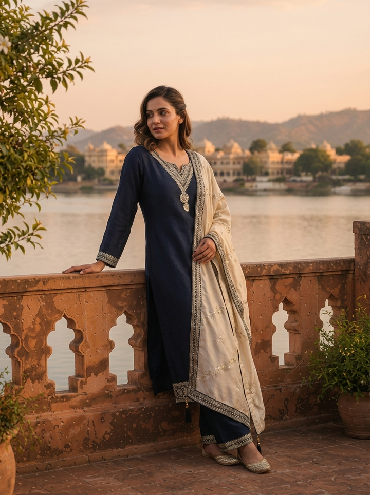 Navy Blue Vichitra Silk Geometric Zari Embroidery Three Piece Set