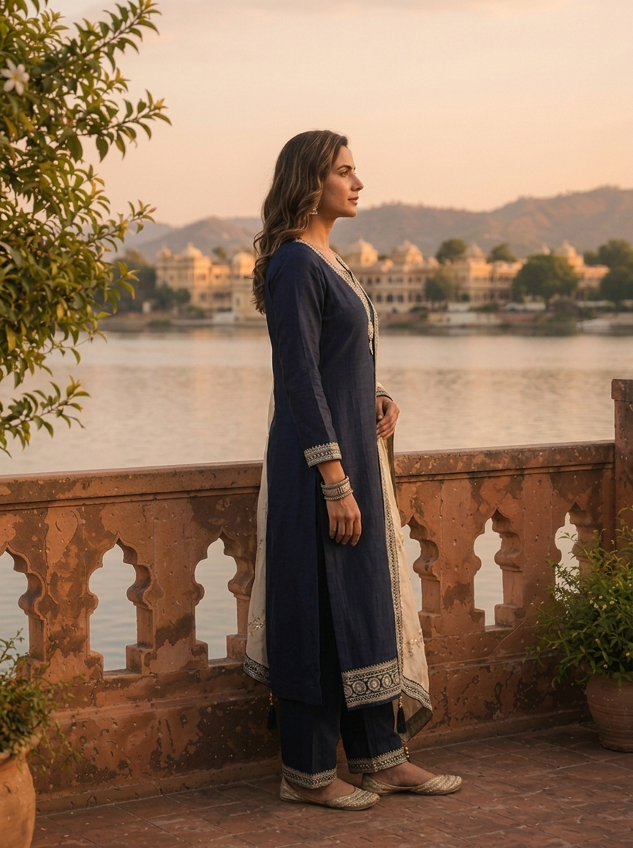 Navy Blue Vichitra Silk Geometric Zari Embroidery Three Piece Set