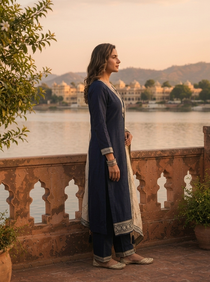 Navy Blue Vichitra Silk Geometric Zari Embroidery Three Piece Set
