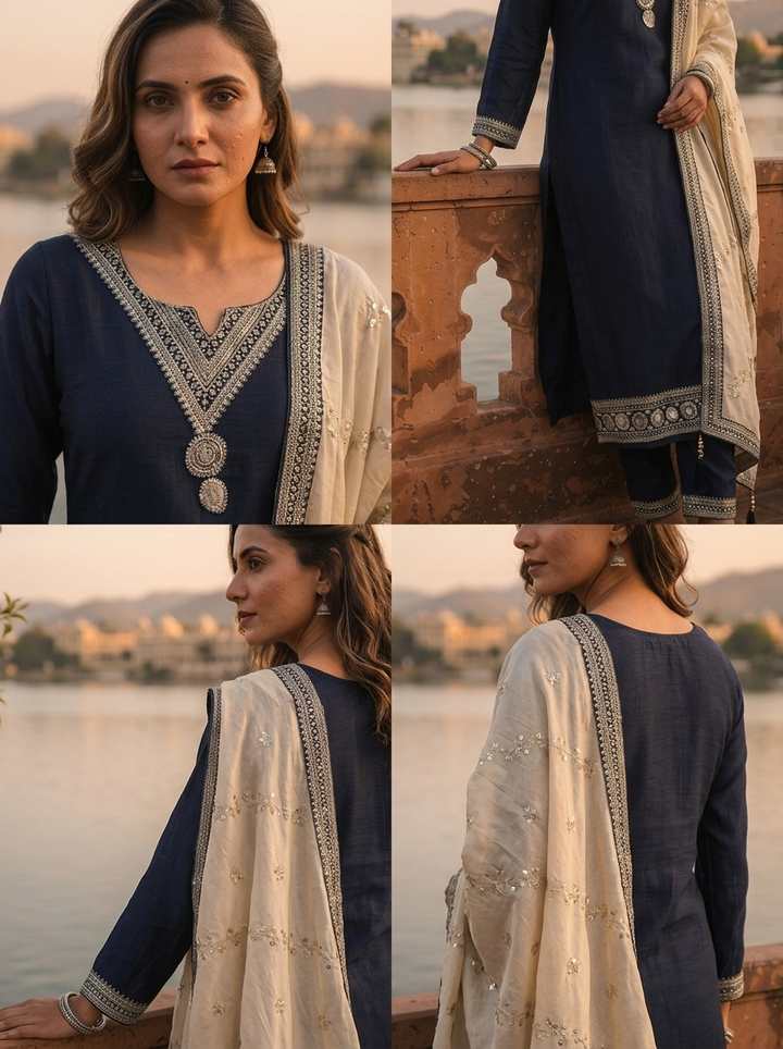 Navy Blue Vichitra Silk Geometric Zari Embroidery Three Piece Set