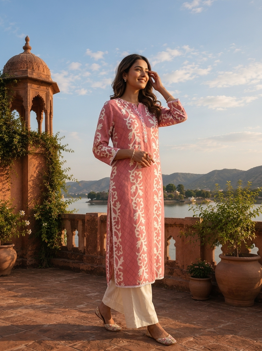 Pink Rayon Floral Stripe Printed Kurta