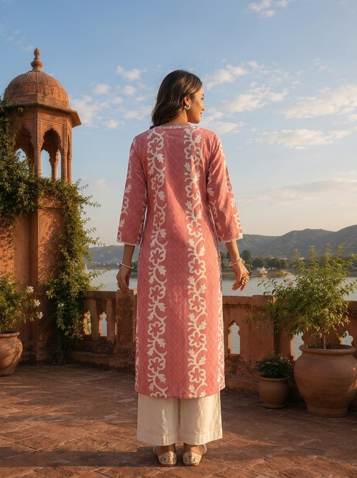 Pink Rayon Floral Stripe Printed Kurta