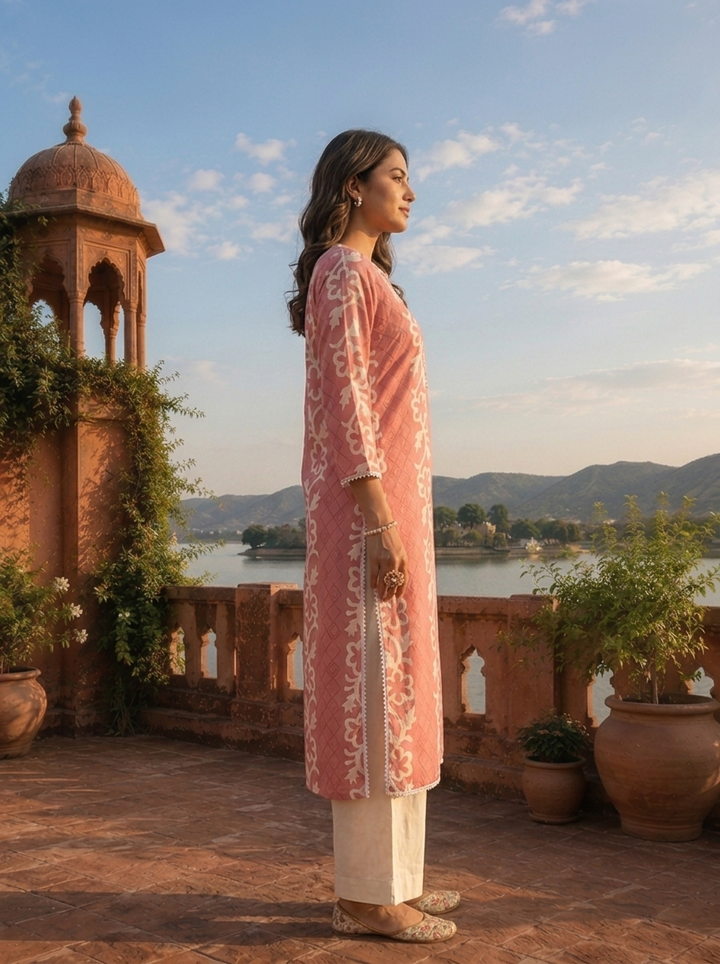 Pink Rayon Floral Stripe Printed Kurta