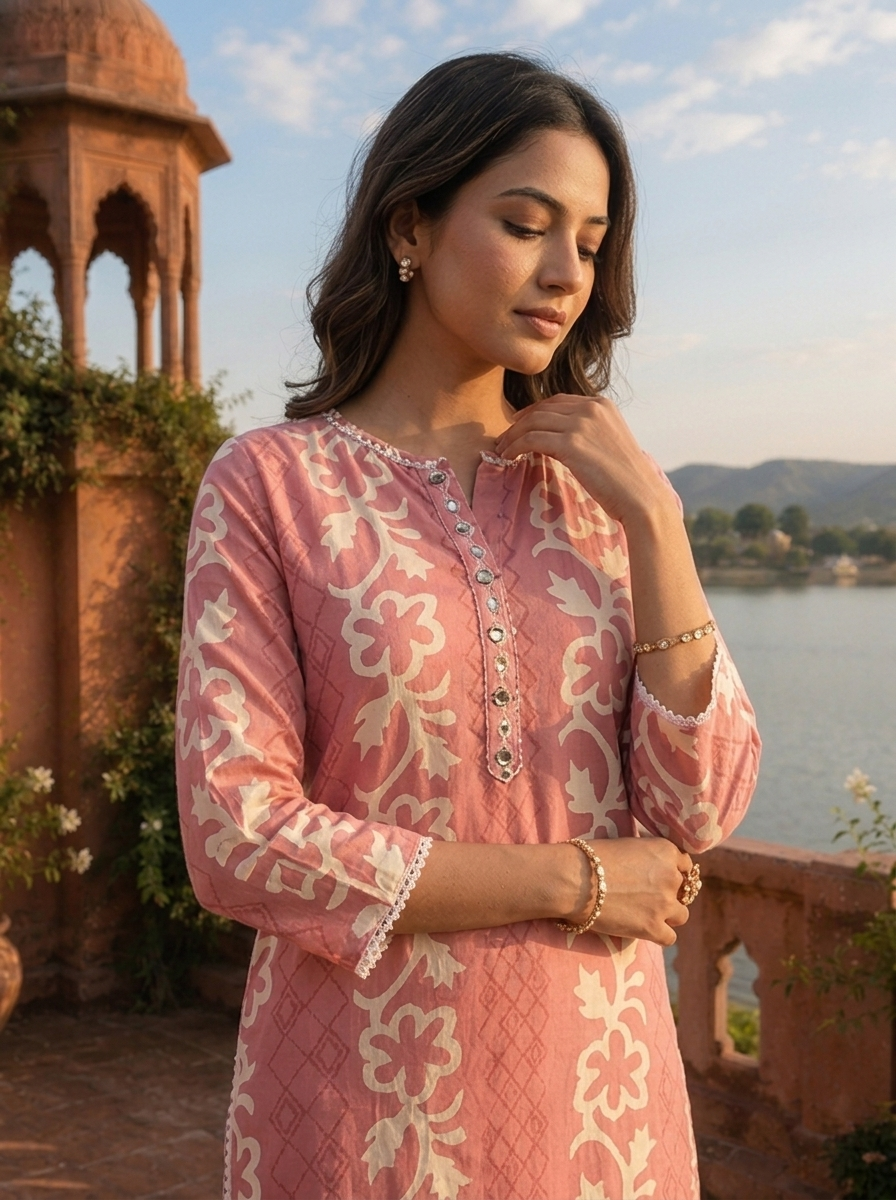 Pink Rayon Floral Stripe Printed Kurta
