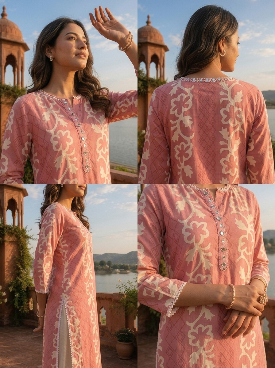 Pink Rayon Floral Stripe Printed Kurta