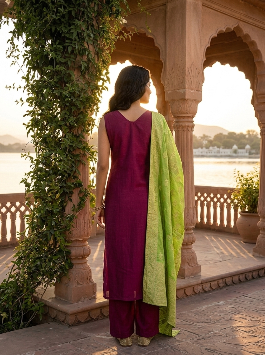 Wine Vichitra Silk Intricate Hand Embroidery Three Piece Set