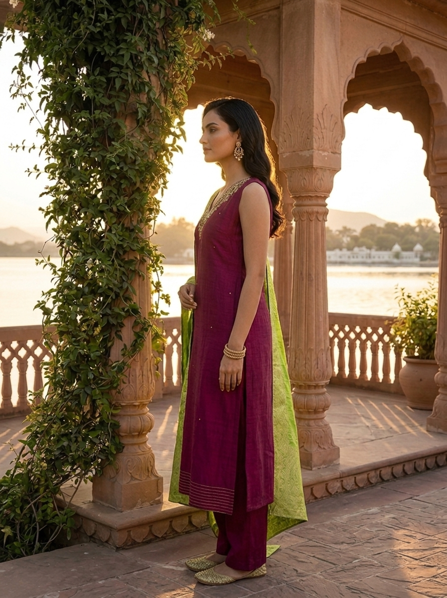 Wine Vichitra Silk Intricate Hand Embroidery Three Piece Set