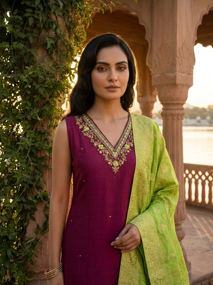Wine Vichitra Silk Intricate Hand Embroidery Three Piece Set