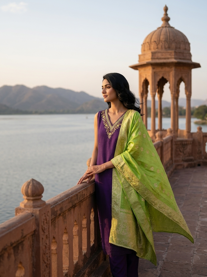 Purple Vichitra Silk Intricate Hand Embroidery Three Piece Set