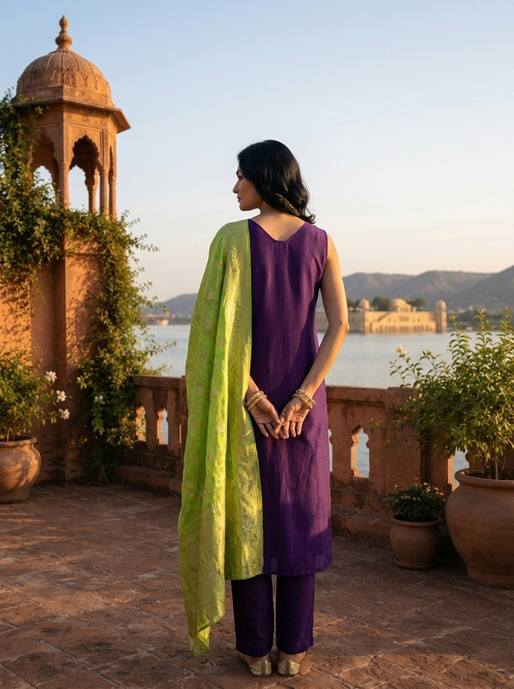 Purple Vichitra Silk Intricate Hand Embroidery Three Piece Set