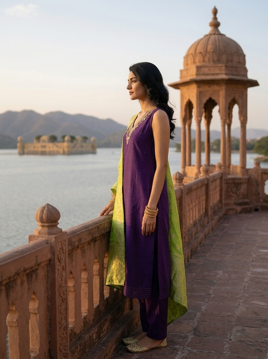 Purple Vichitra Silk Intricate Hand Embroidery Three Piece Set