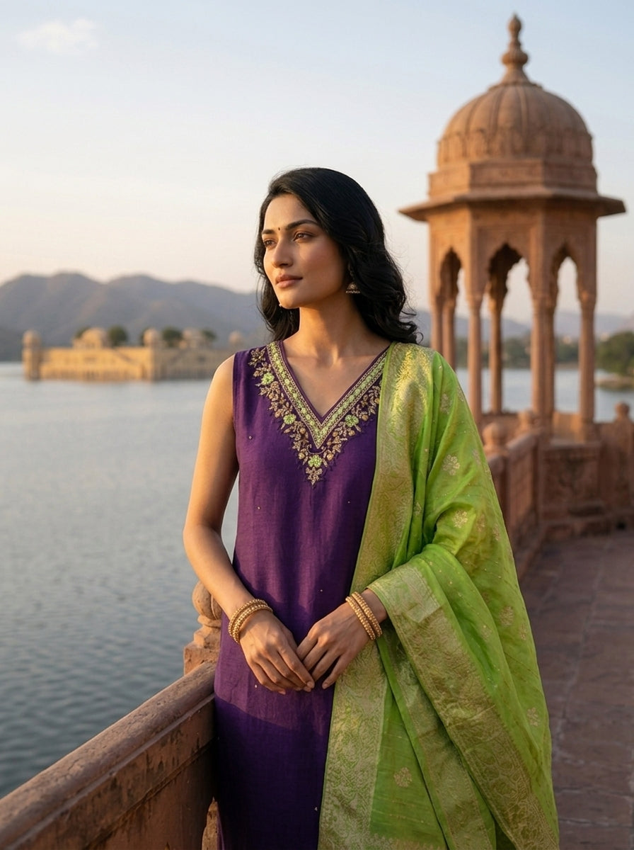Purple Vichitra Silk Intricate Hand Embroidery Three Piece Set