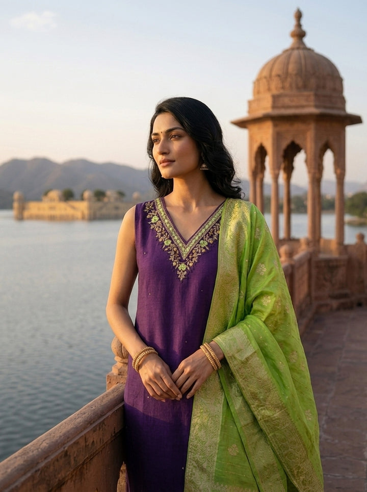 Purple Vichitra Silk Intricate Hand Embroidery Three Piece Set