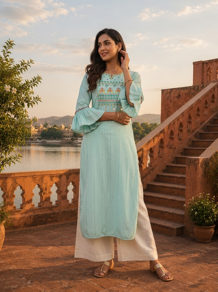 Sea Green Rayon Pintuck Stripe Embroidery Kurta