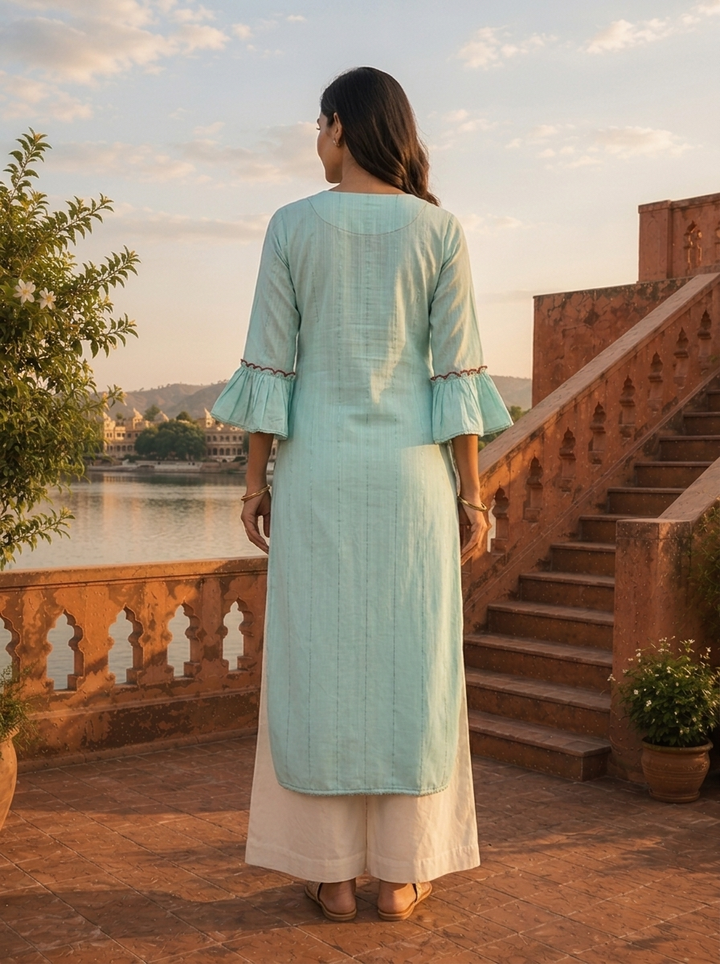 Sea Green Rayon Pintuck Stripe Embroidery Kurta