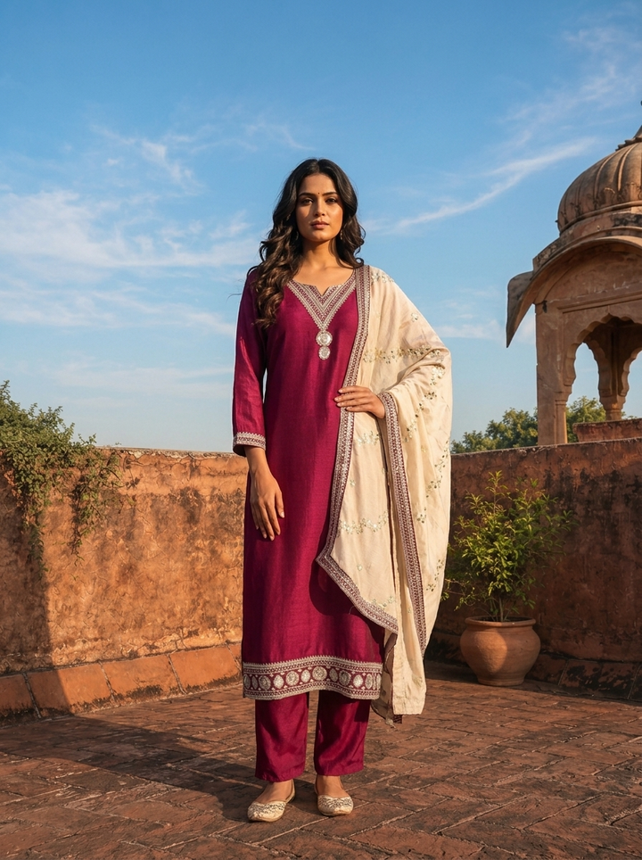 Magenta Vichitra Silk Geometric Zari Embroidery Three Piece Set