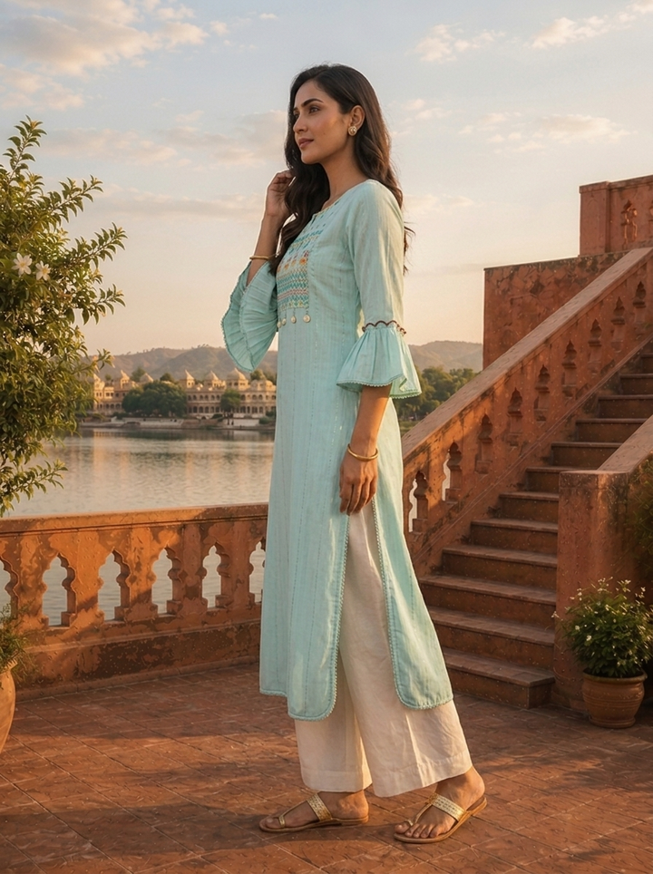 Sea Green Rayon Pintuck Stripe Embroidery Kurta