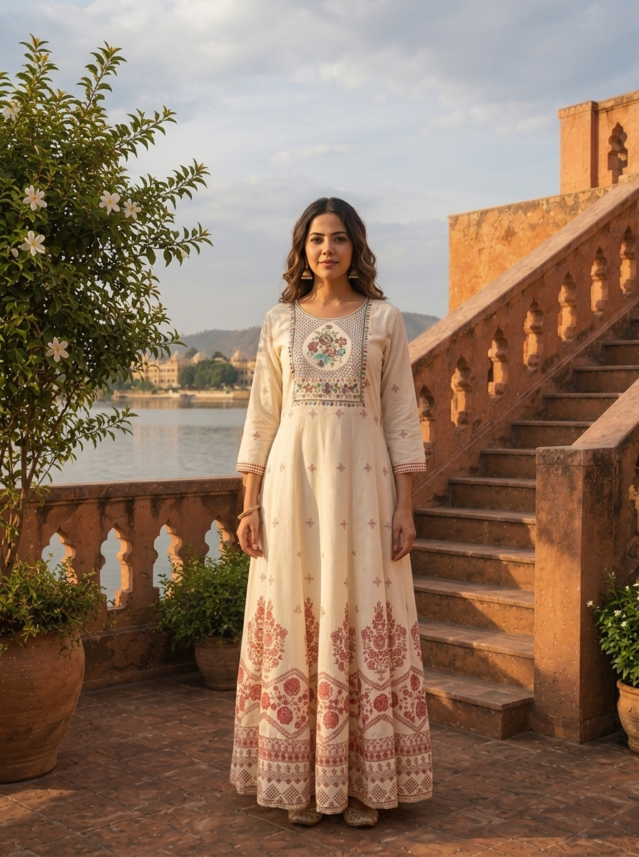 Cream Rayon Floral Ethnic Motif Printed Dress