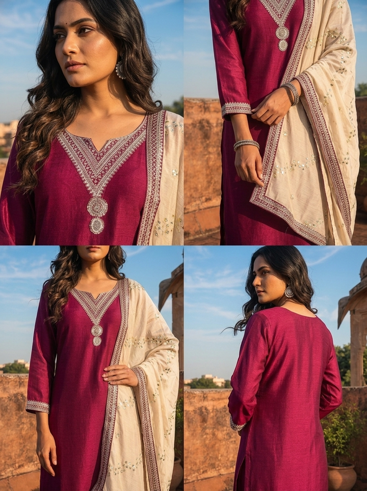 Magenta Vichitra Silk Geometric Zari Embroidery Three Piece Set