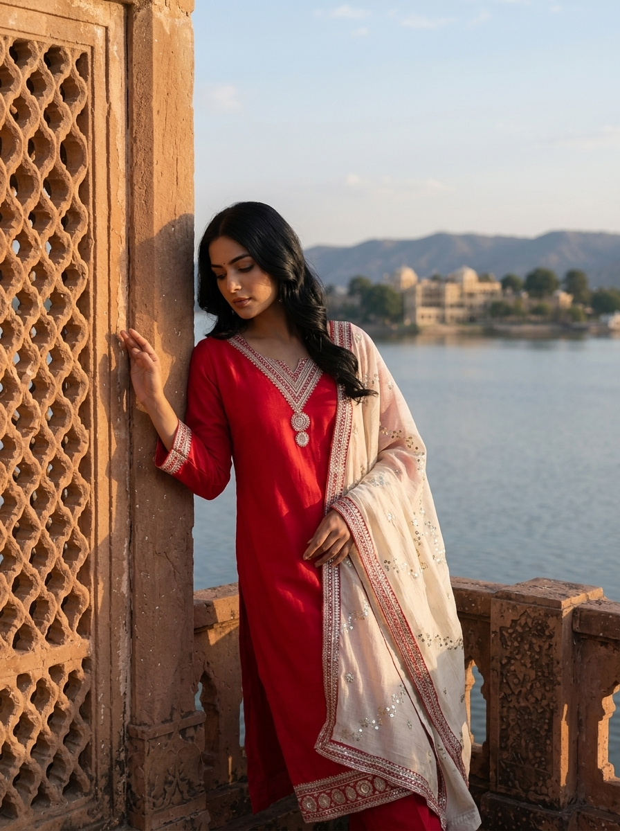 Rani Pink Vichitra Silk Geometric Zari Embroidery Three Piece Set