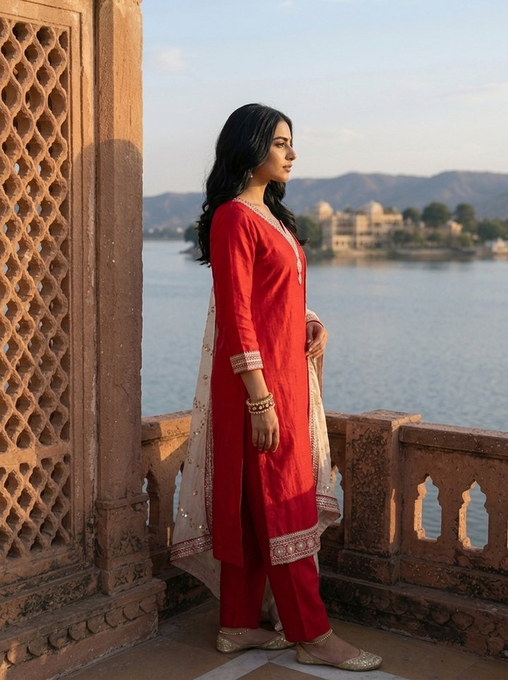 Rani Pink Vichitra Silk Geometric Zari Embroidery Three Piece Set